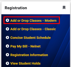 Registration card showing the Add or Drop Classes – Modern option